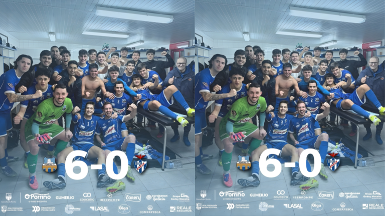 PORRIÑO INDUSTRIAL FC CELEBRANDO SU 6-0 AL AREAS EN EL VESTUARIO DE AS GAIANDAS
