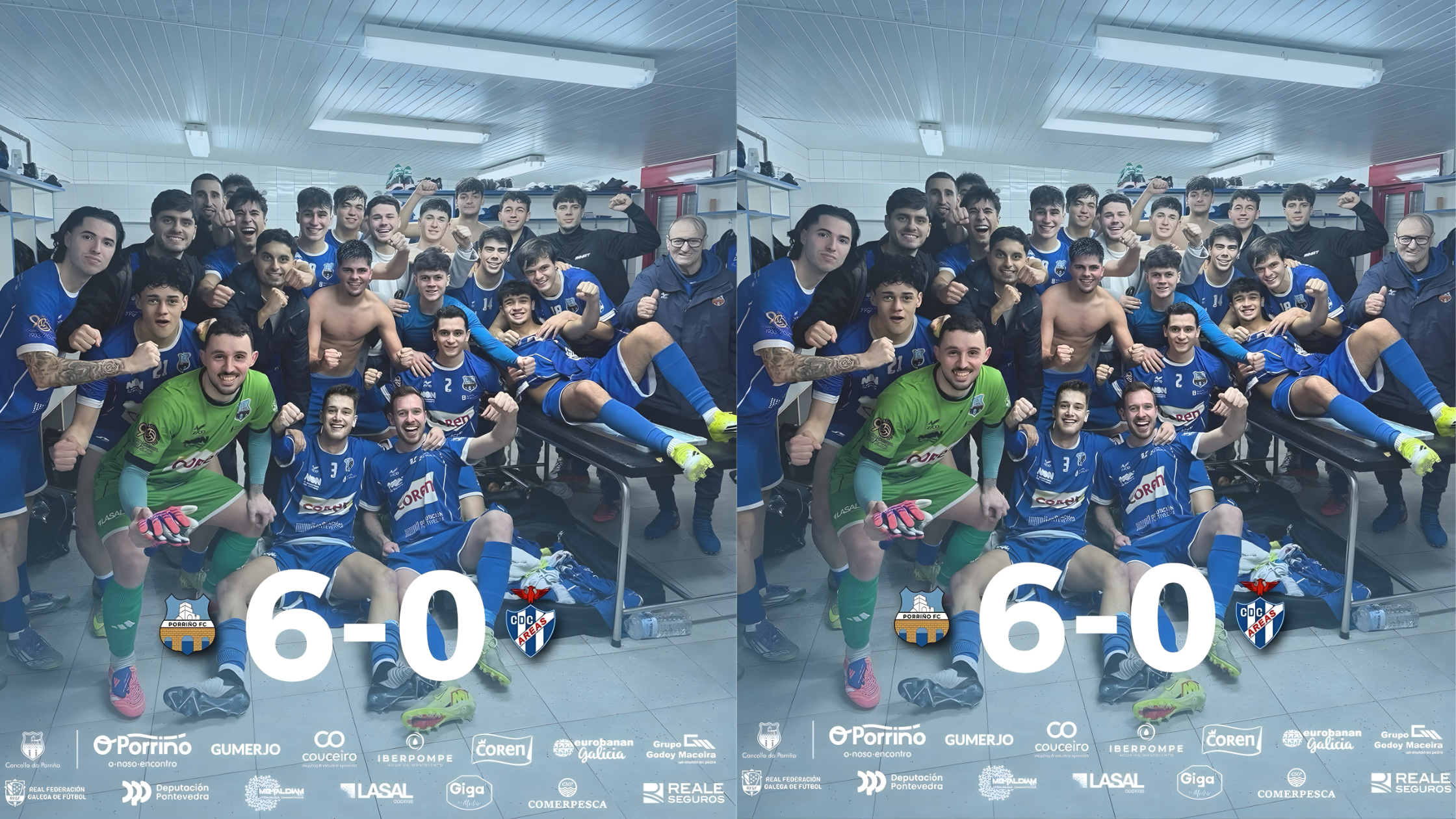 PORRIÑO INDUSTRIAL FC CELEBRANDO SU 6-0 AL AREAS EN EL VESTUARIO DE AS GAIANDAS